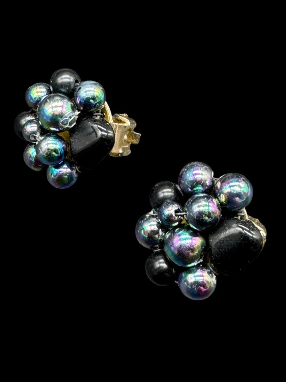 Vintage Clip-on Earrings Iridescent and Black Coloured Beads Cluster JAPAN
